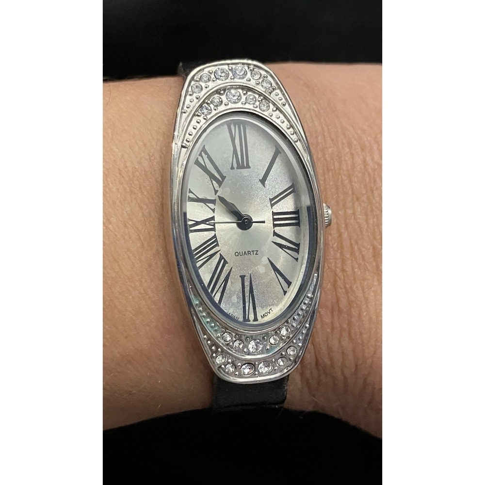 Steampunk Rhinestone Vintage Avon Watch Silver Tone Oval Face New Battery Works!
